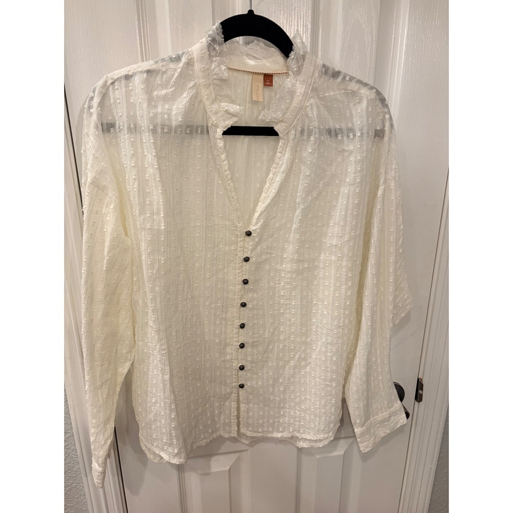 Pilcro Blouse White Metallic Clip Dot Ruffle Collar Button Down Boho Top
